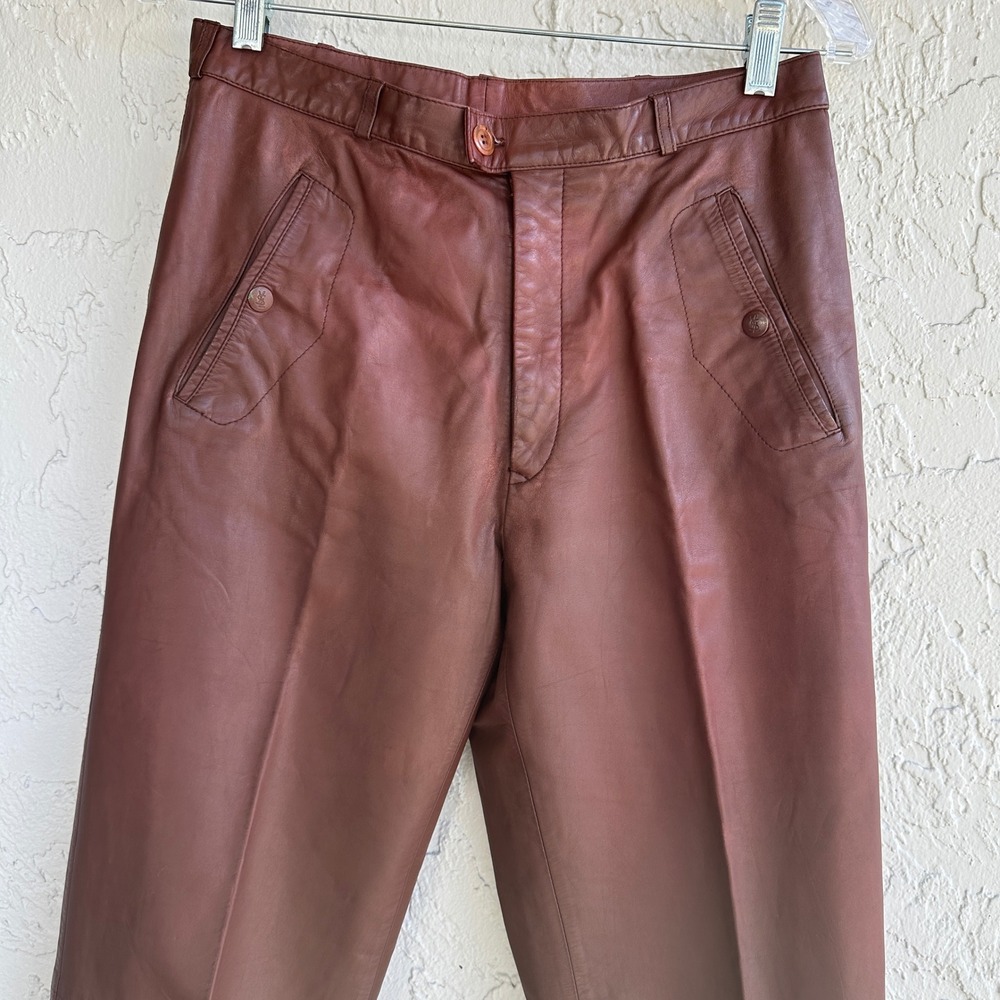 Yves Saint Laurent Vintage Leather Pant‎ Burgundy Mahogany Straight YSL Women 28 - Picture 2 of 12